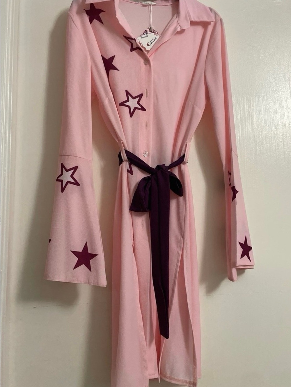 Pink Star Print Button-Down Shirt Dress with Purple Belt